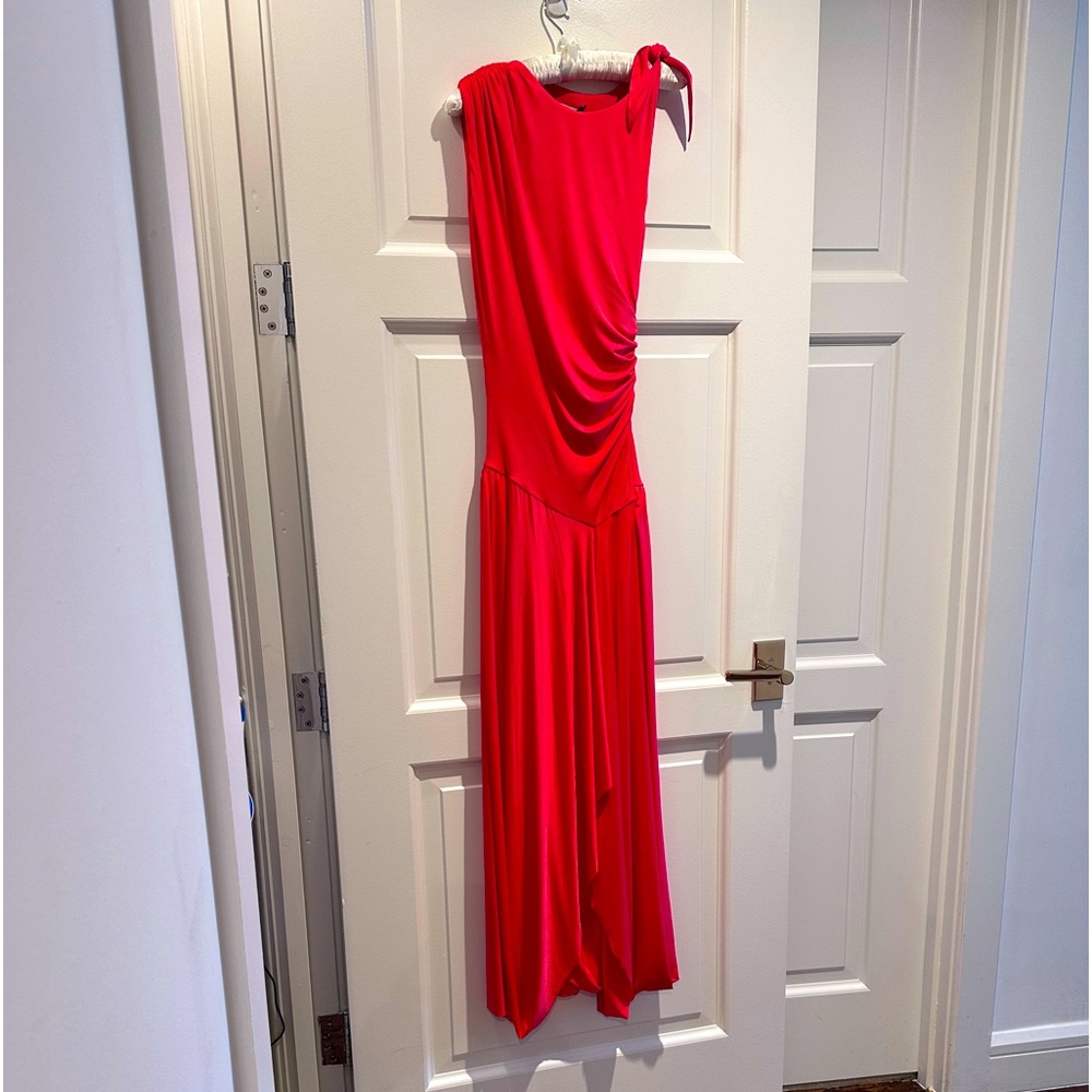 SIEDRÉS Draped Jersey Maxi Dress in Coral Red. Tied on left shoulder.